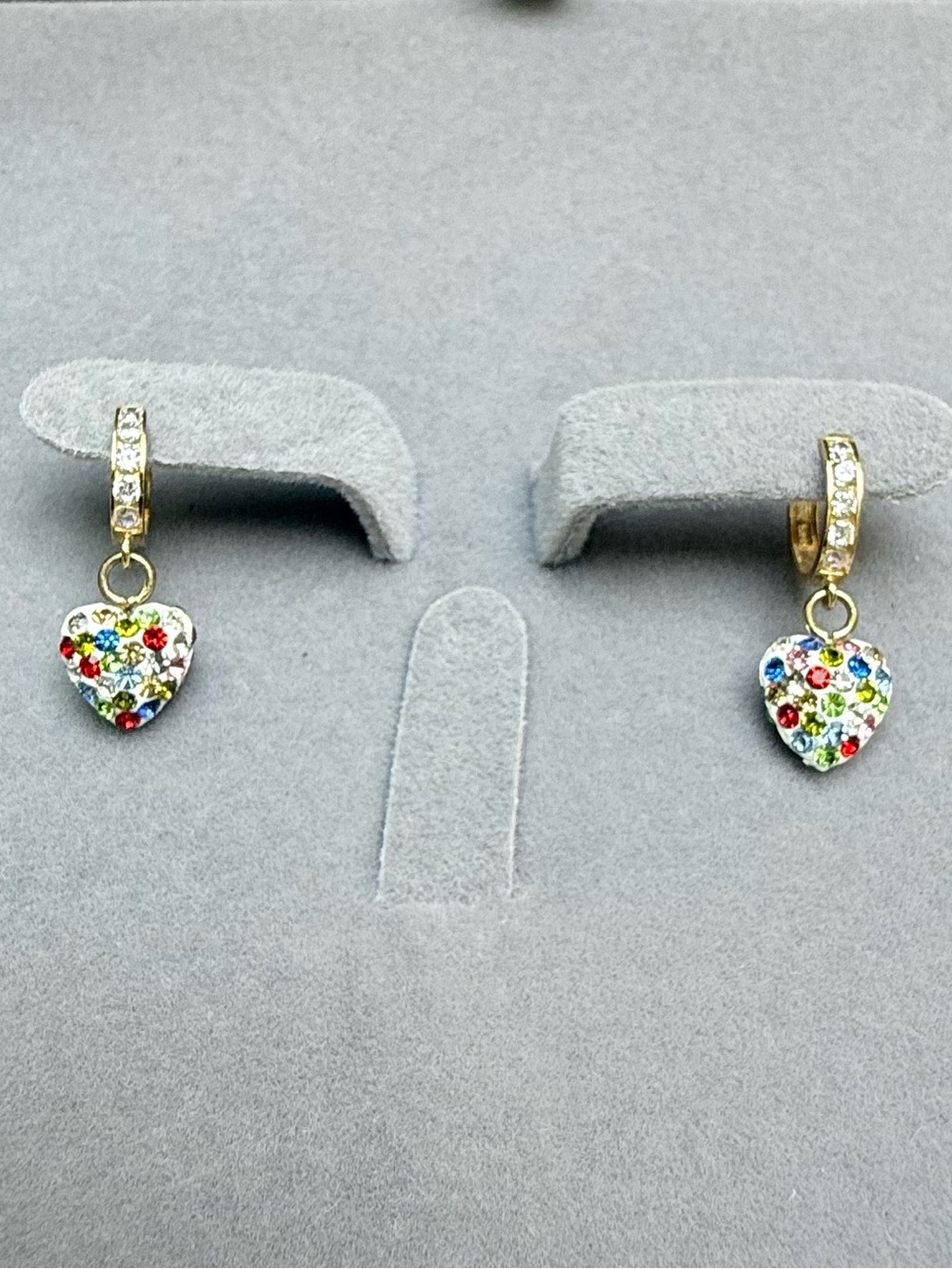 NWOT Solid 14K Yellow Gold Rainbow Micro Pave Heart Huggies Dangle Earrings